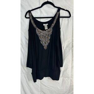Cache Black Cold Shoulder Embellished Beaded Neckline Top Women's Size M